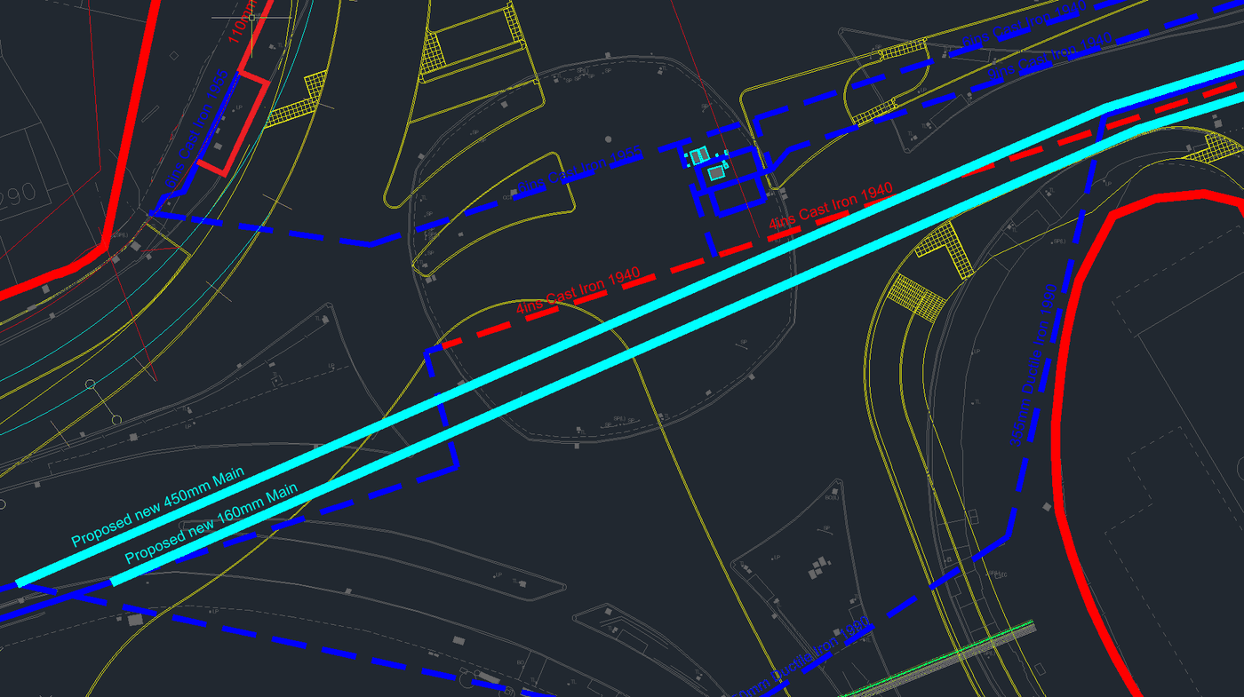 3D highway and utility design plan showing proposed utility diversions
