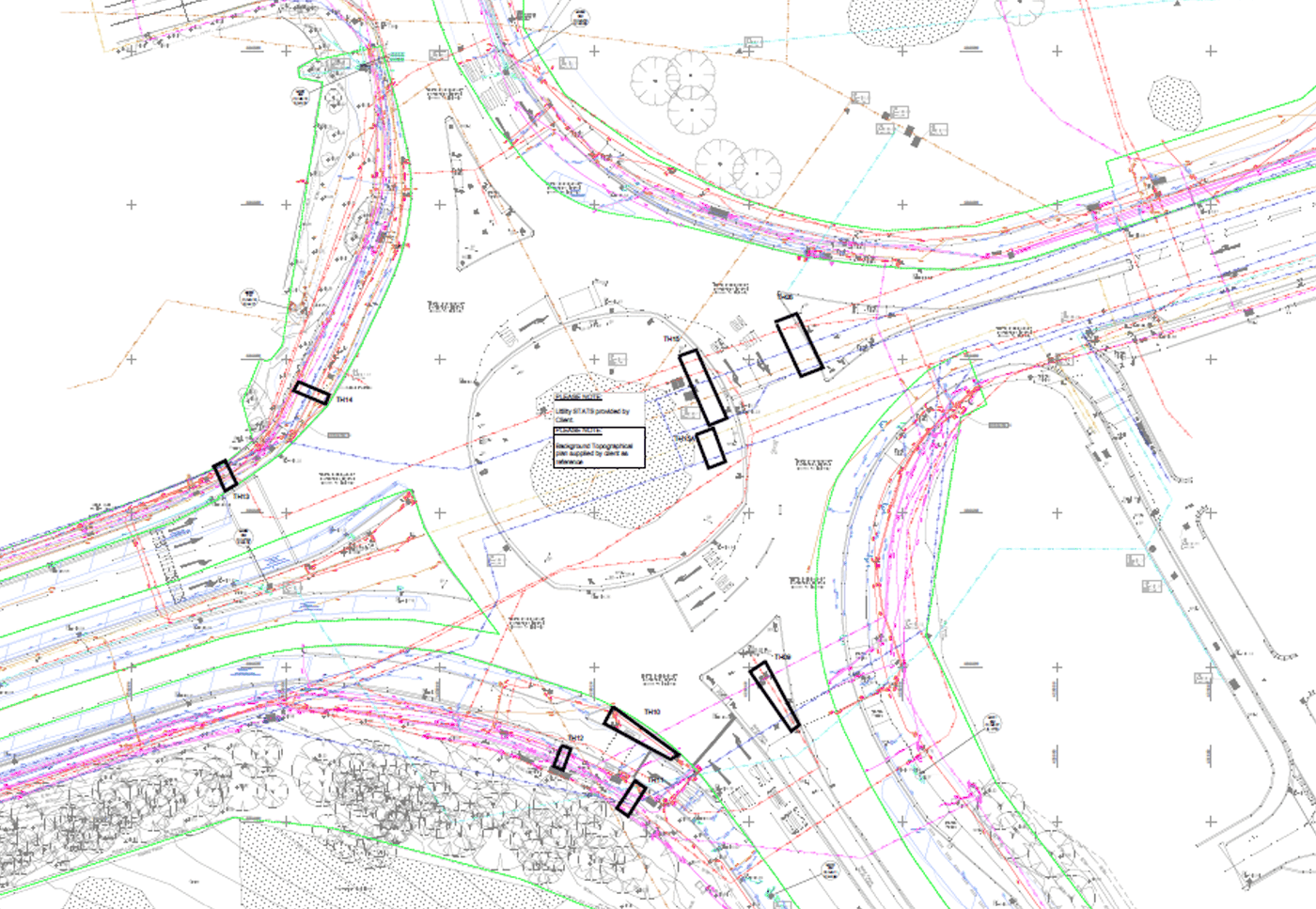 Site survey and utility investigation drawing with marked conflict zones